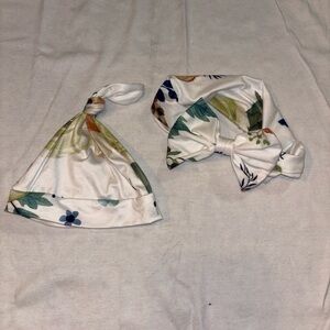 Floral Knit Baby Hat and Headwrap Set in White and Green